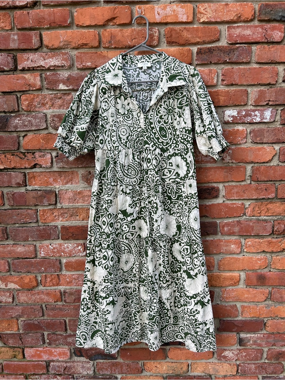 Umgee Green White Floral Midi Dress M 100% Cotton Collared - Picture 1 of 7